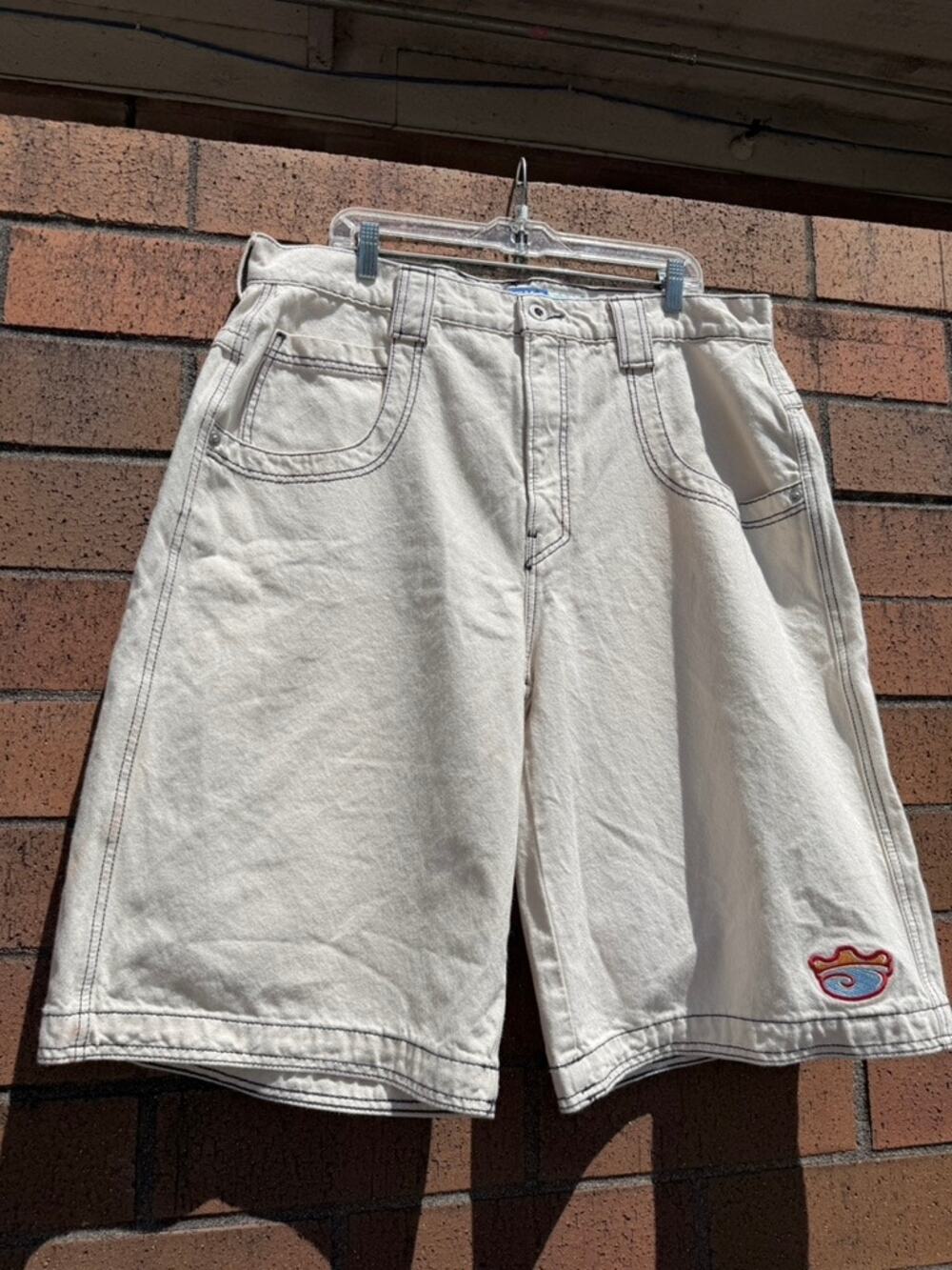 Y2K JNCO Jeans 217 King Vintage Crown Beige Cream Carpenter Shorts Jorts Empyre